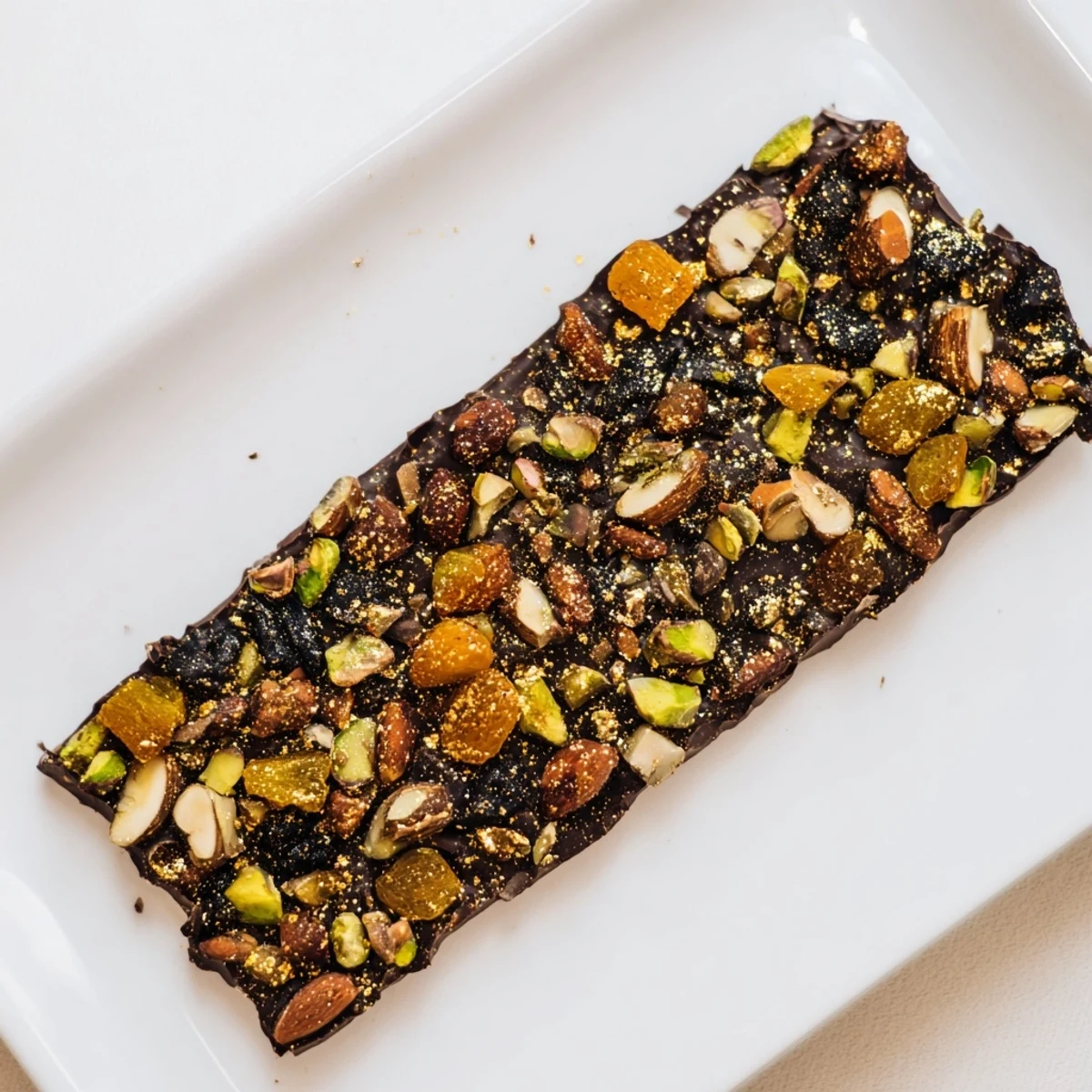 Image of glistening Dubai Chocolate Bark studded with nuts and fruits, perfect dessert.