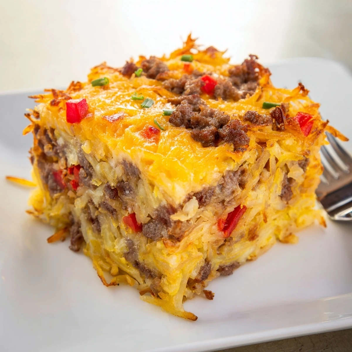 Golden, bubbly Quick Christmas Morning Hash Brown Bake, ready to serve and filled with savory sausage.