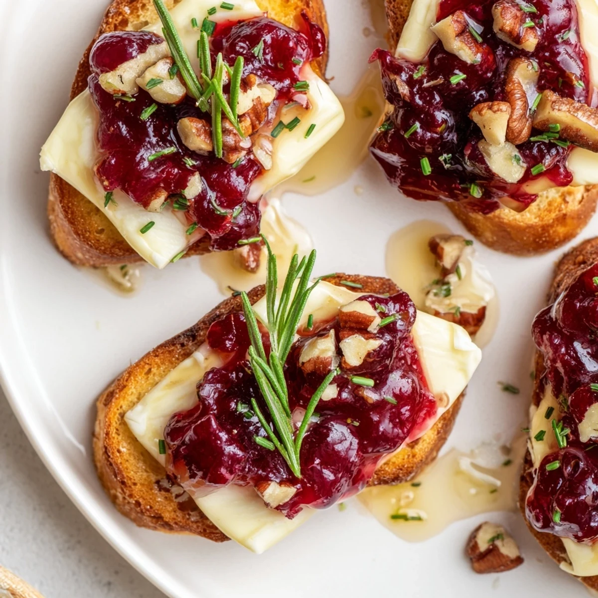 Warm and savory cranberry brie crostini, with melted brie and cranberry compote on toasted baguette.