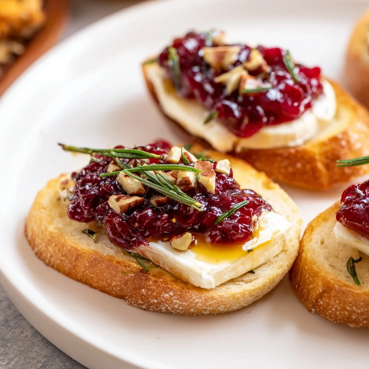 Sweet and tangy cranberry brie crostini appetizer, boasting crispy bread and creamy deliciousness with a bite.