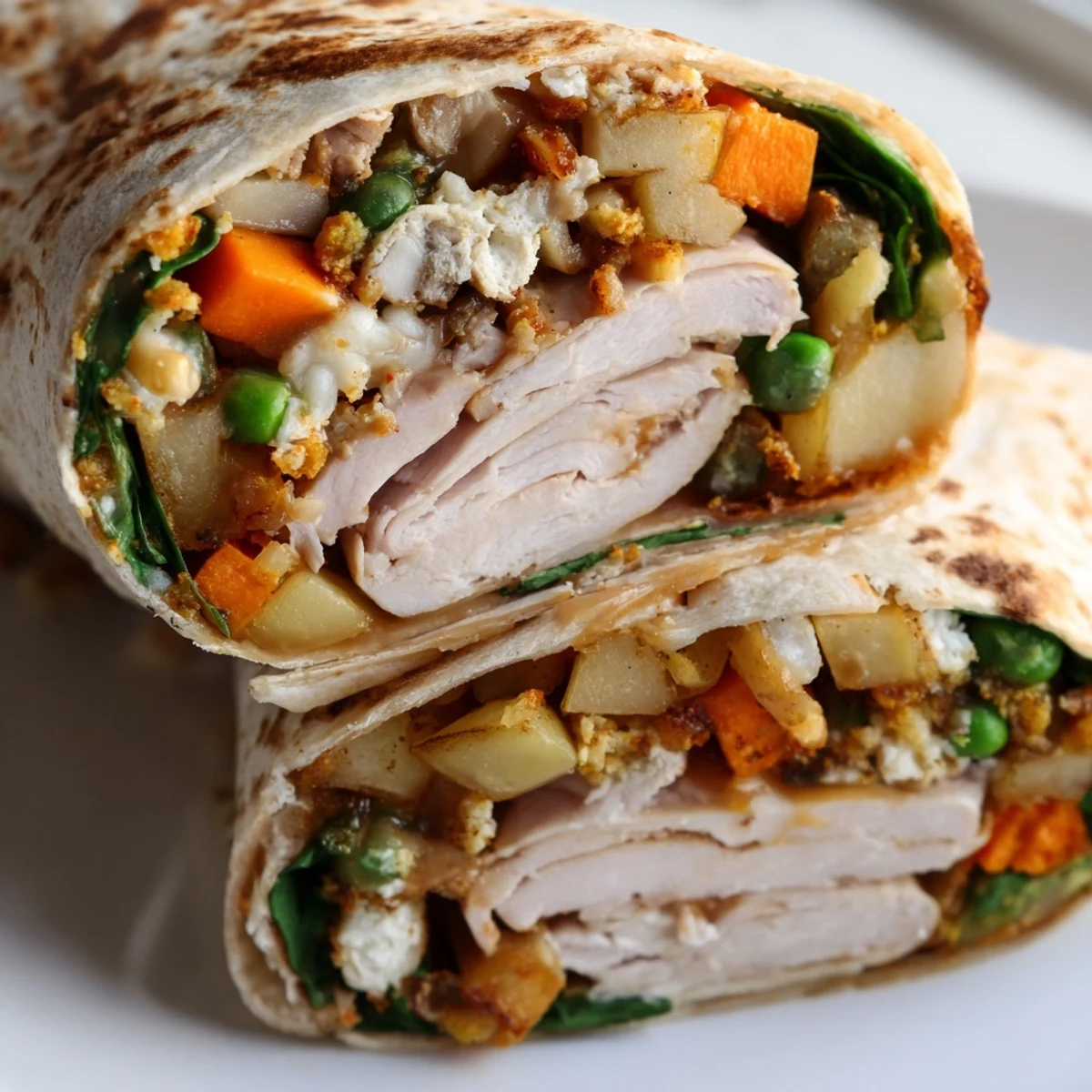 A close-up of a Simple Christmas Leftover Wrap, showcasing the vibrant, layered ingredients.