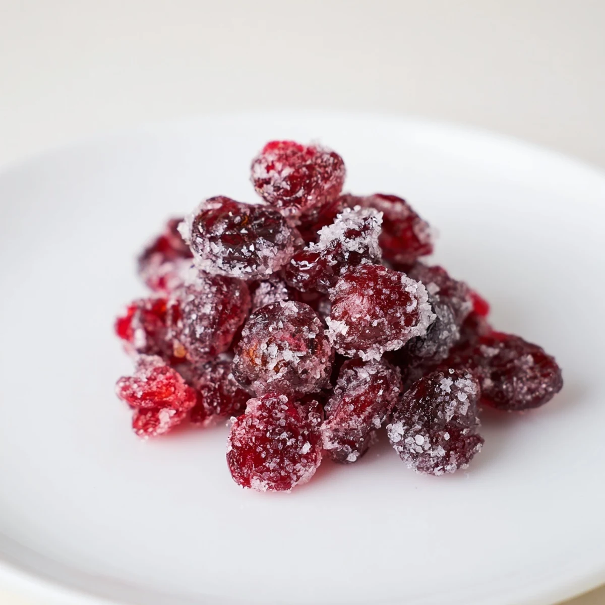 Close-up of glistening vegan candied cranberry garnish, ready to sweeten your holiday desserts.