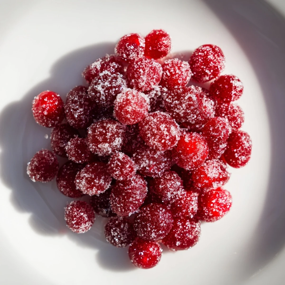 Vivid image of colorful, sugared vegan candied cranberries, perfect for topping festive cocktails.