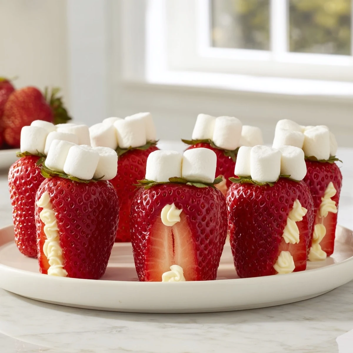 Air Fryer Santa Hat Strawberries displayed, showing creamy cheesecake filling nestled in fresh red berries.