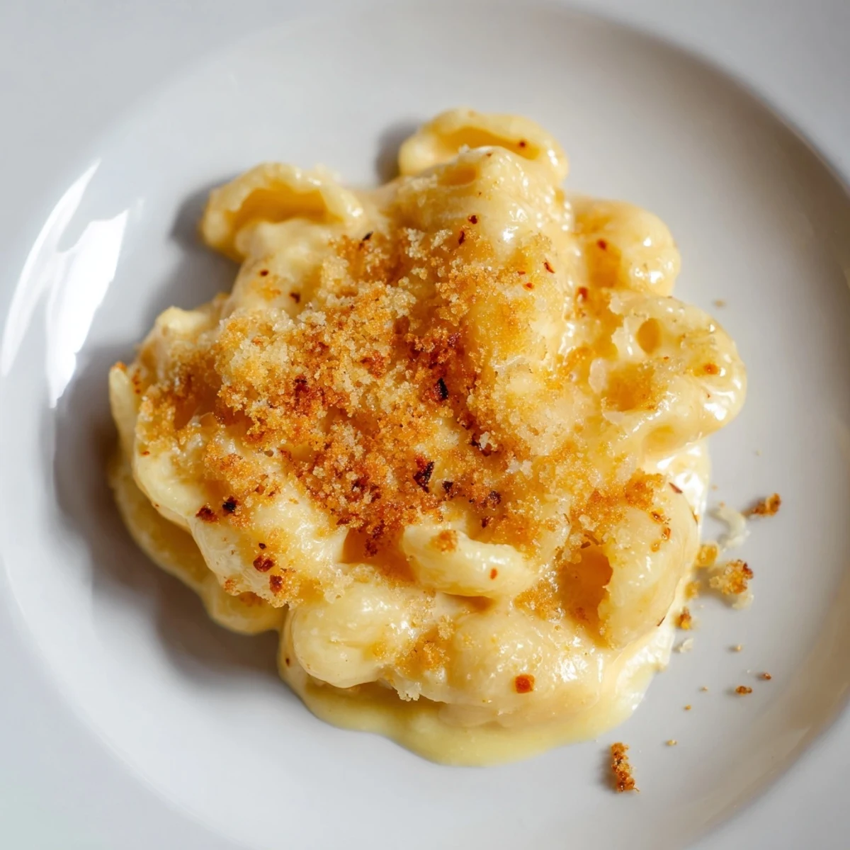 A steaming bowl of Easy Tinis Mac & Cheese, bubbling with golden, melted cheddar cheese.