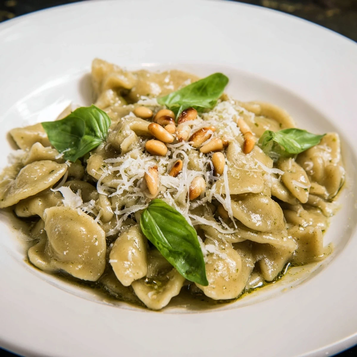 Golden-hued bowl of 15-Minute Creamy Pesto Risoni, garnished with fresh basil and pine nuts.