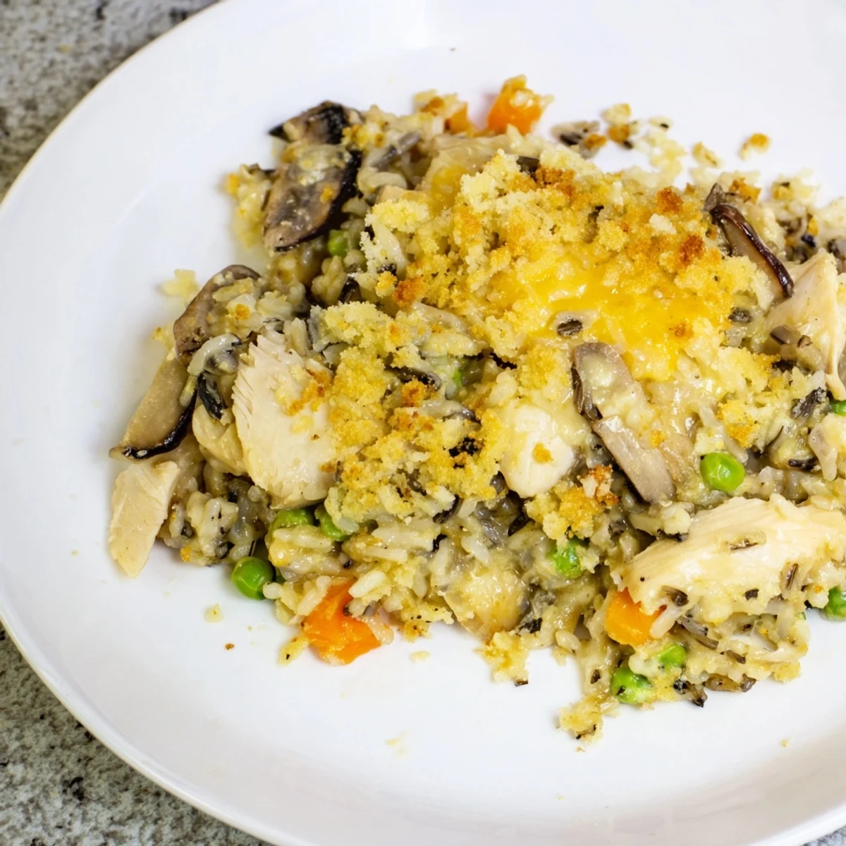 Savory Chicken and Wild Rice Bake, inviting with tender chicken and fluffy wild rice.