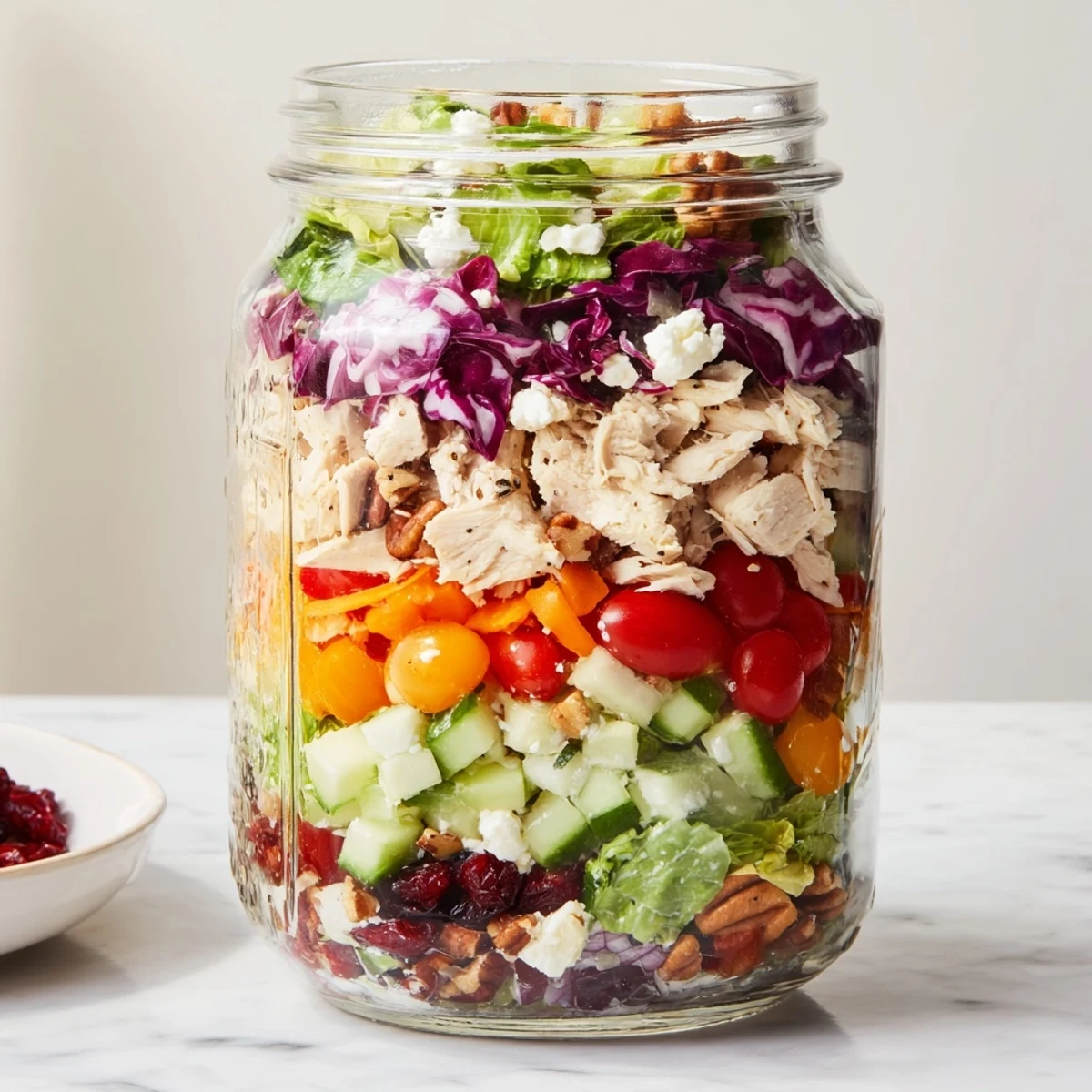 Vibrant Layered Holiday Chopped Chicken Salad Jar, featuring colorful veggies and juicy chicken for a festive lunch.
