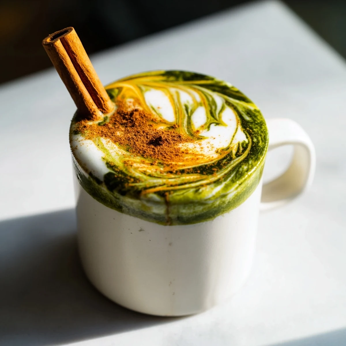 Steaming Maple Cinnamon Gingerbread Matcha Oat Latte served in a mug, garnished with cinnamon, ready to enjoy.
