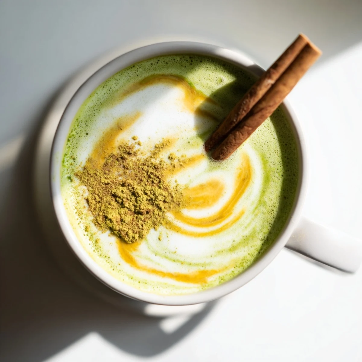 A beautiful, frothy Maple Cinnamon Gingerbread Matcha Oat Latte with visible layers, inviting you to sip.