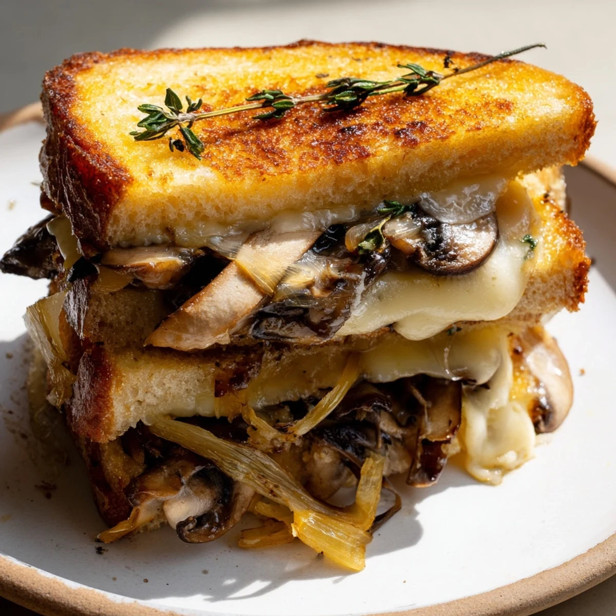 Golden-brown Roast Garlic Mushroom & Thyme Grilled Cheese, oozing with melted Gruyère and mozzarella.