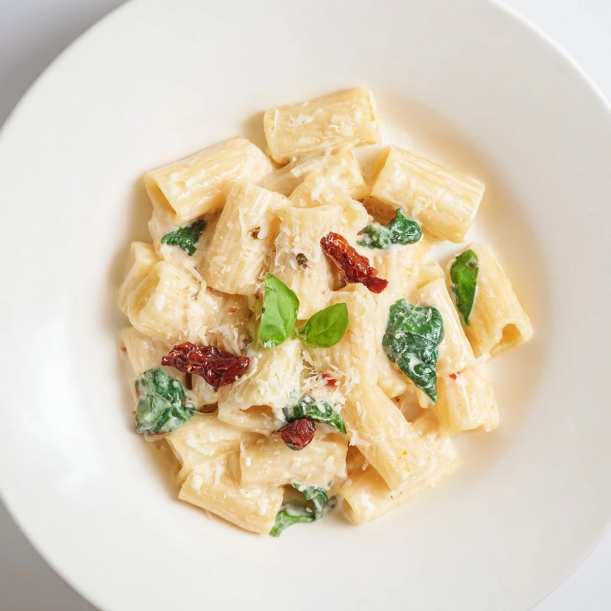 Creamy Sun-Dried Tomato Spinach Cottage Cheese Pasta, ready to serve with Parmesan and fresh basil, looks so delicious.