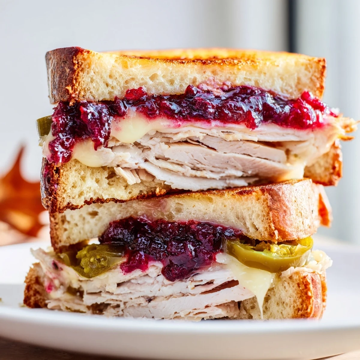 Golden air fryer jalapeño cranberry turkey grilled cheese, a spicy, savory sandwich with melted cheese.