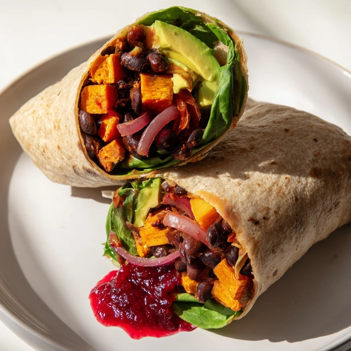 Warm Roasted Sweet Potato & Black Bean Holiday Wrap, bursting with colorful, flavorful vegetables, ready to eat.