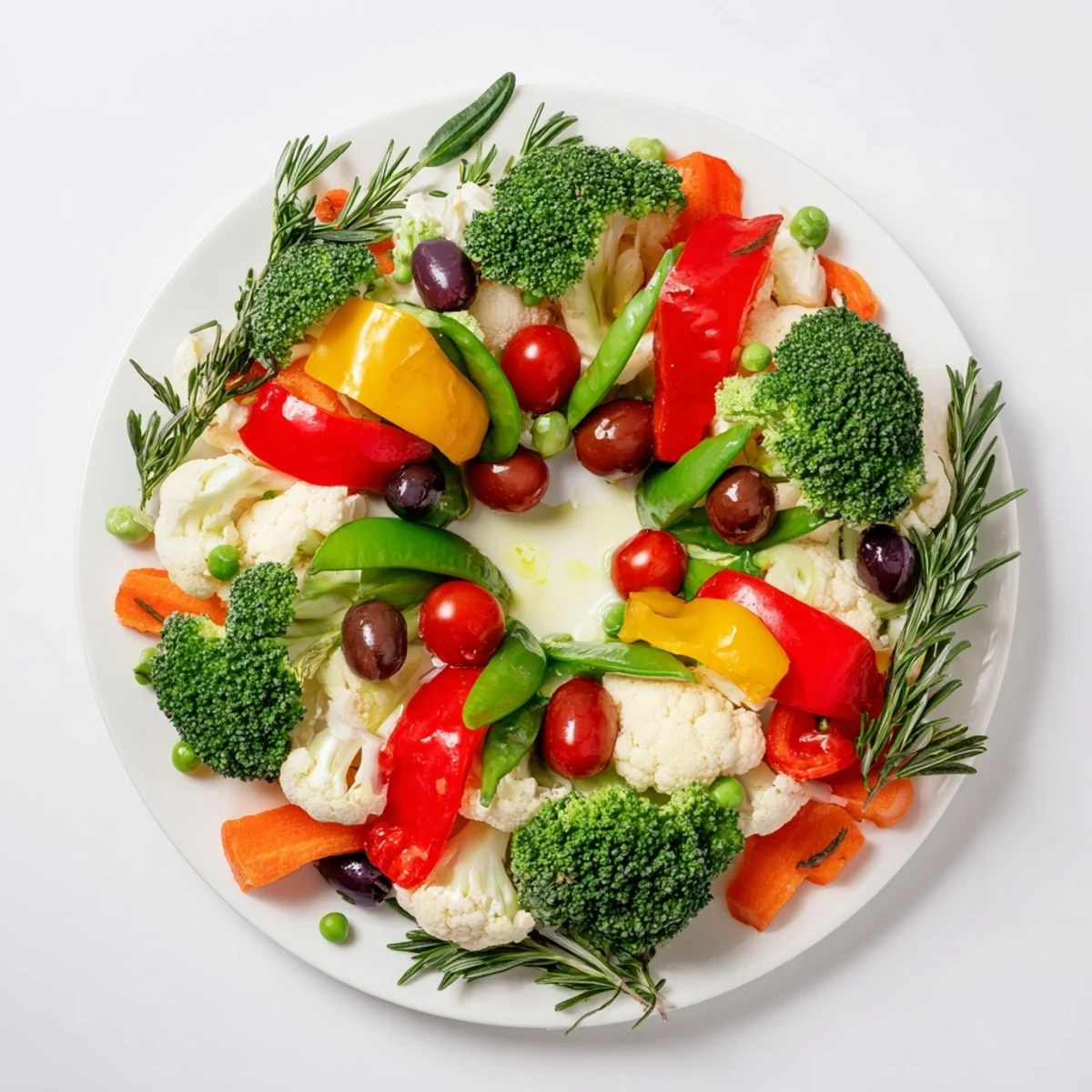 A beautiful Garland Veggie Wreath, full of colorful, fresh vegetables ready to serve and enjoy.