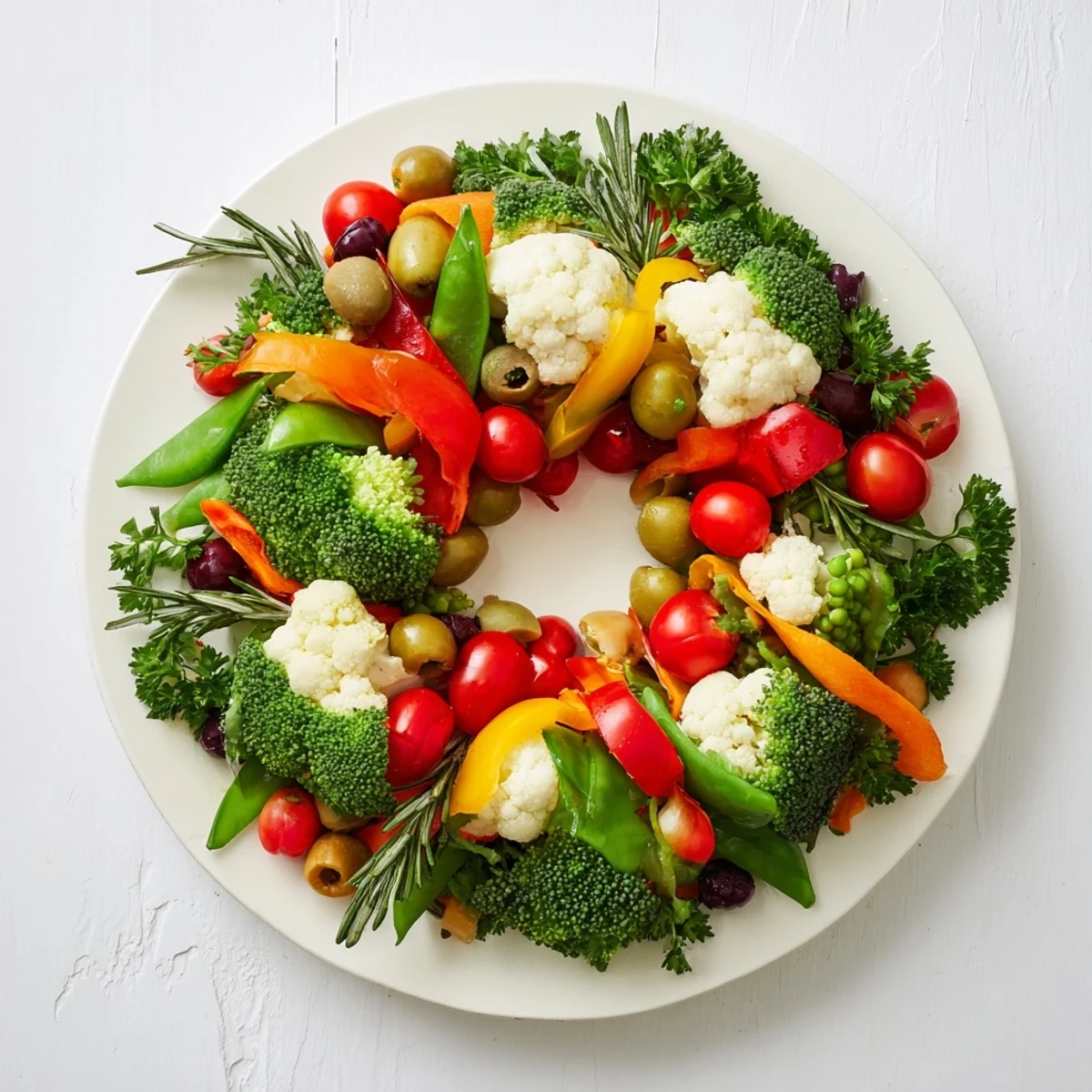The appetizing Garland Veggie Wreath featuring fresh colorful vegetables with a creamy dip, visually stunning.