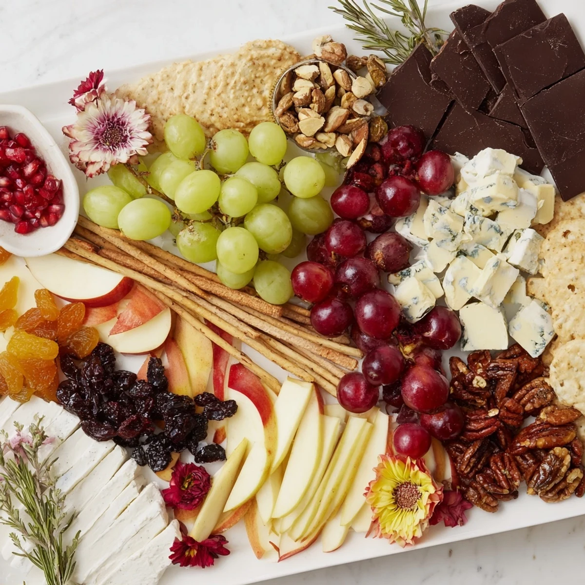 Delectable Winter Wonderland Grazing Tray with brie, grapes, and crackers, a perfect holiday appetizer to share.