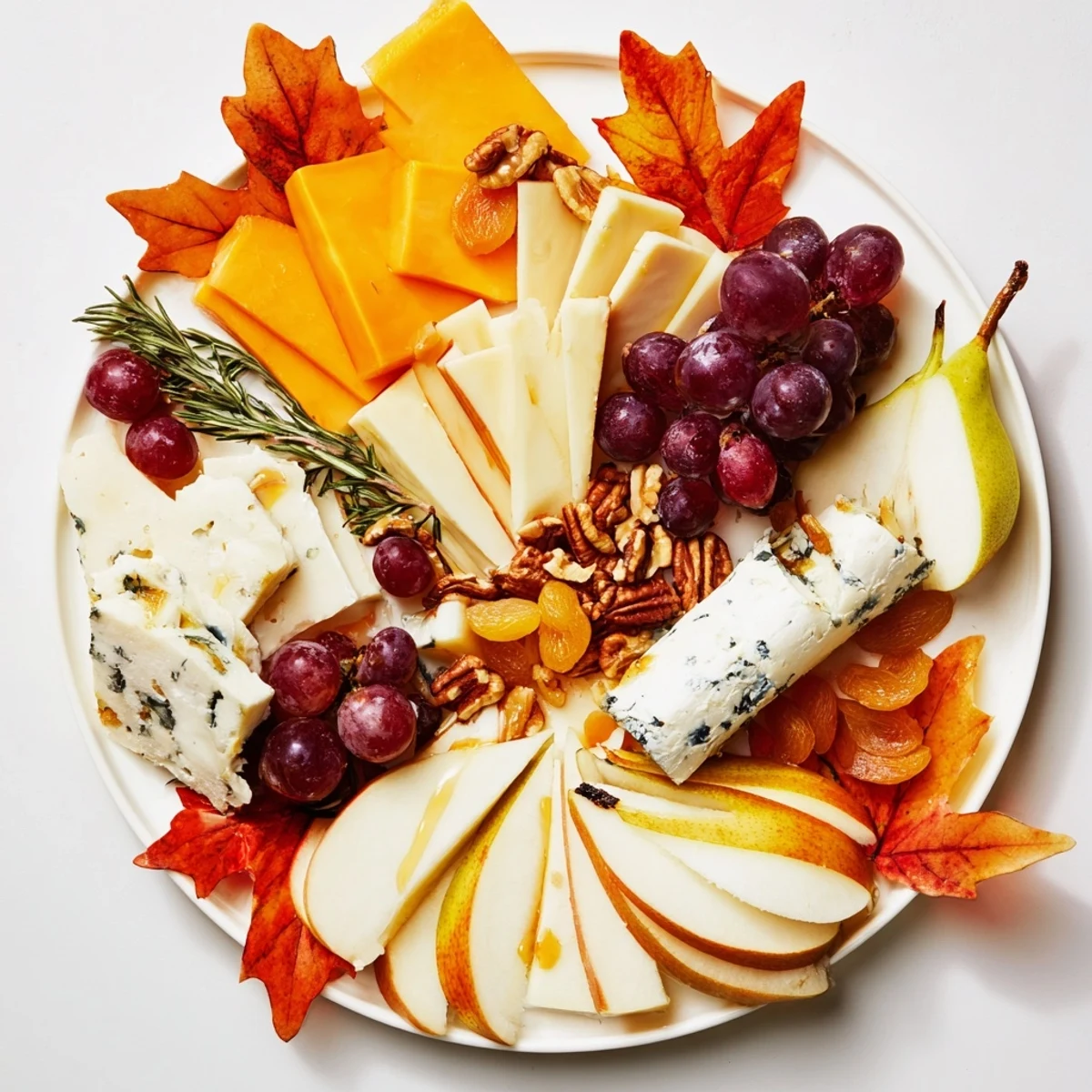 Vibrant Autumn Leaf Cheese Platter, a beautiful assortment of cheeses and seasonal fruits, ready to serve.