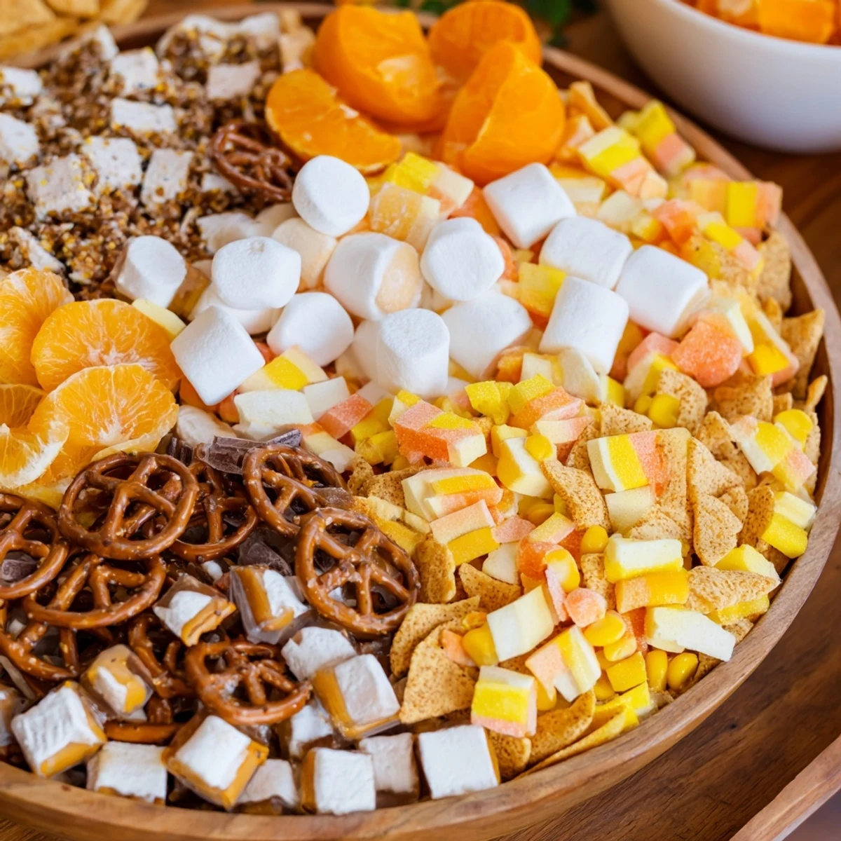 Vibrant candy corn spooky board, featuring a delicious assortment of orange, yellow, and white snacks.