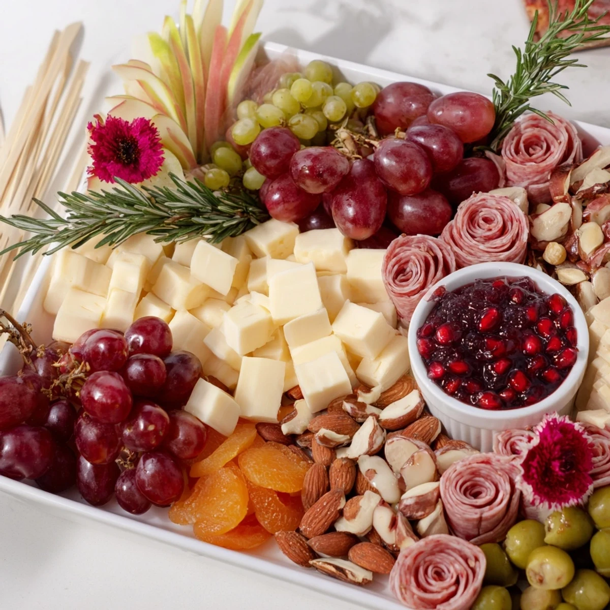 Holiday Bow Appetizer Platter arranged on a holiday platter overflowing with colorful cheeses, meats, crackers, and fruits.