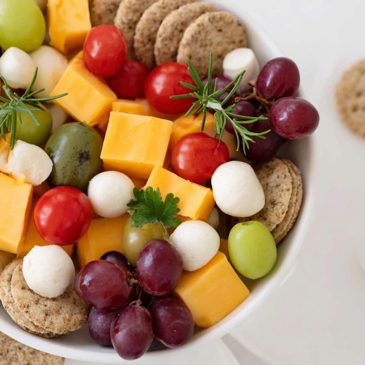 A vibrant Jingle Bell Cheese & Cracker Wreath, brimming with colorful cheeses and fresh garnishes.