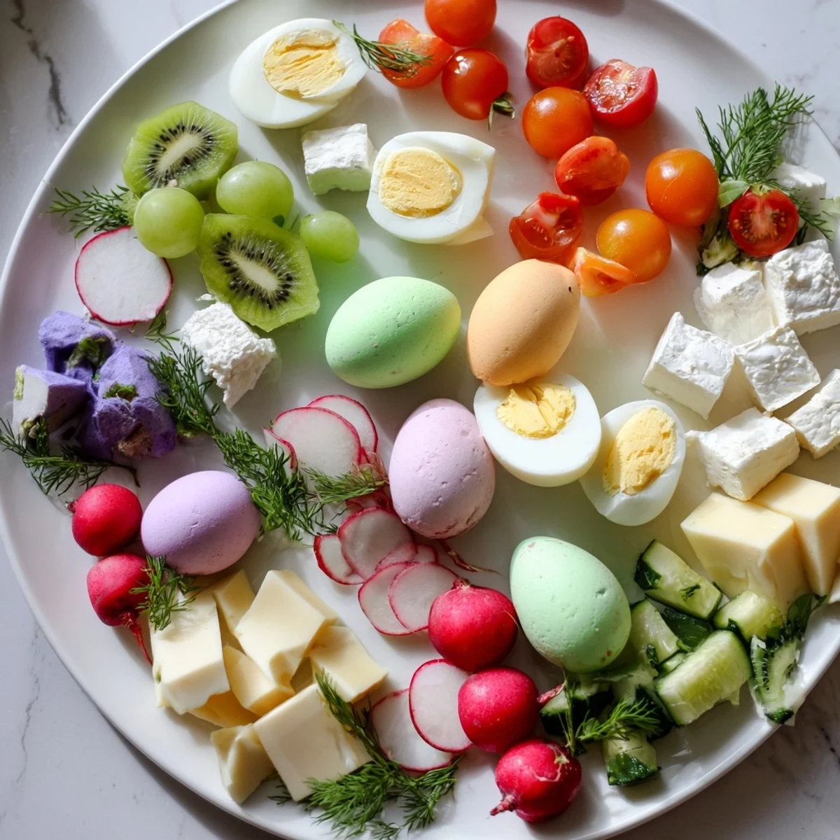 Easter Egg-cellent Brunch Board overflowing with colorful hard-boiled eggs, fresh fruits, and cheeses.