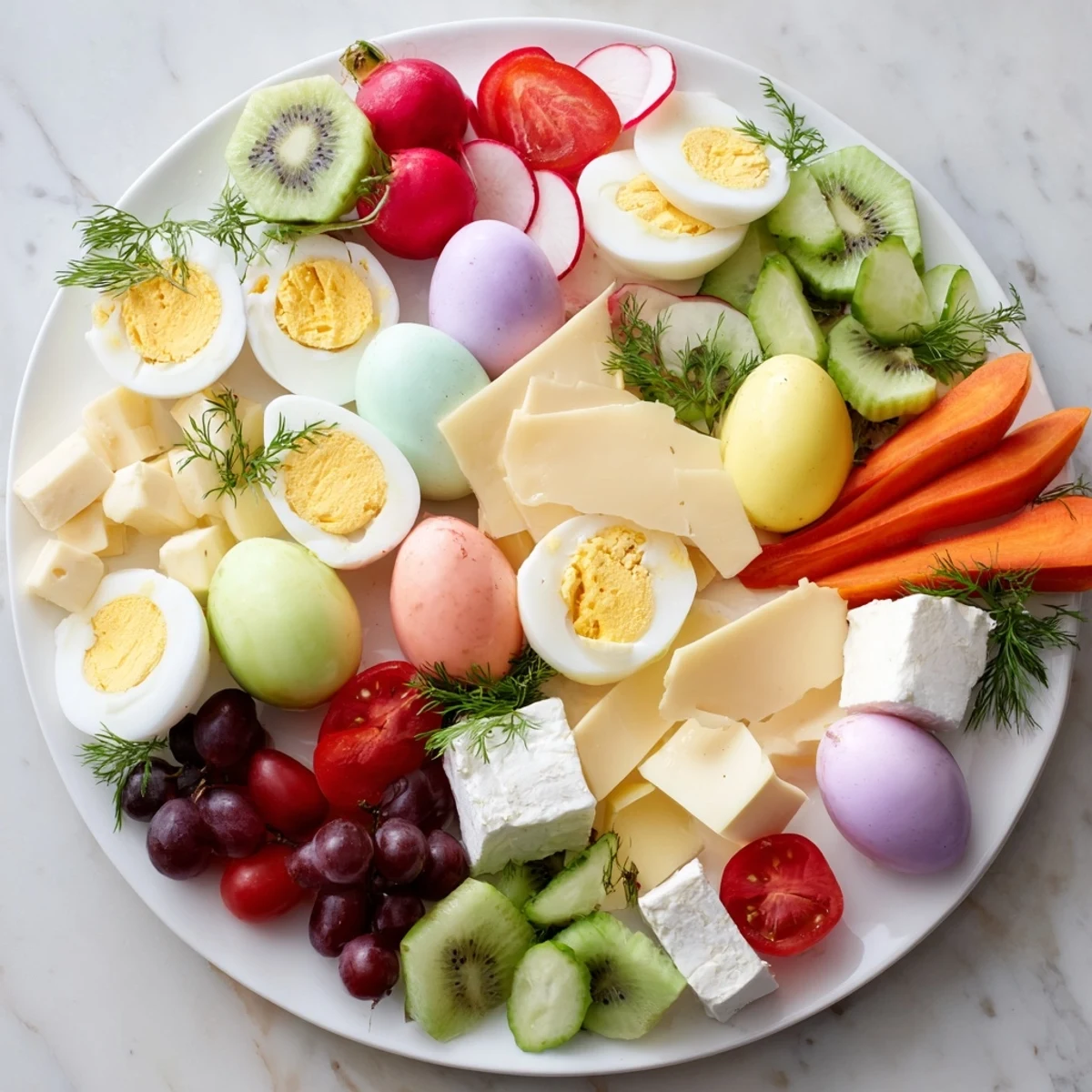 A visually appealing Easter Egg-cellent Brunch Board displays an array of colorful goodies, ready to serve and enjoy.