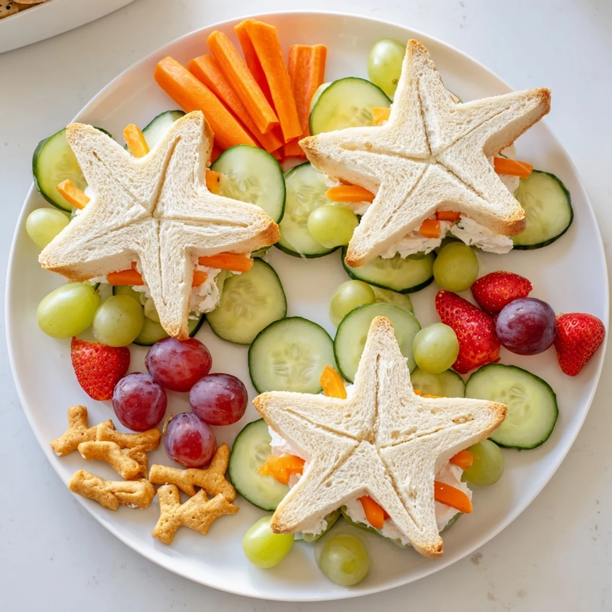 Beach Day Starfish Snack Spread with colorful fruit surrounding the inviting sandwiches, ready to eat.