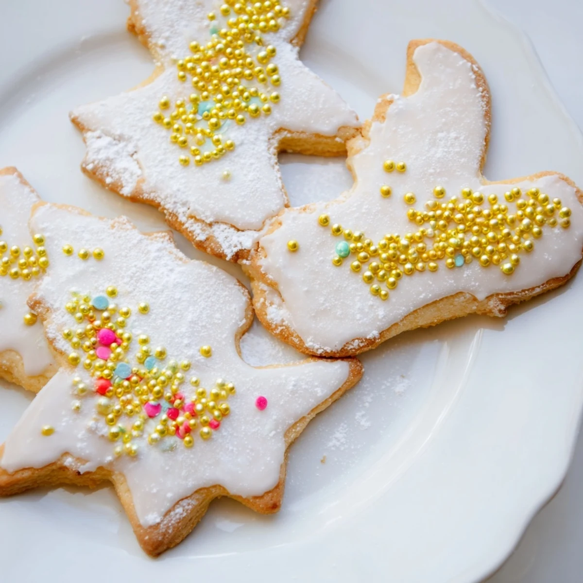 Golden-edged Biscuits Anges de Noël, angel-shaped cookies, beautifully decorated with icing and sprinkles.