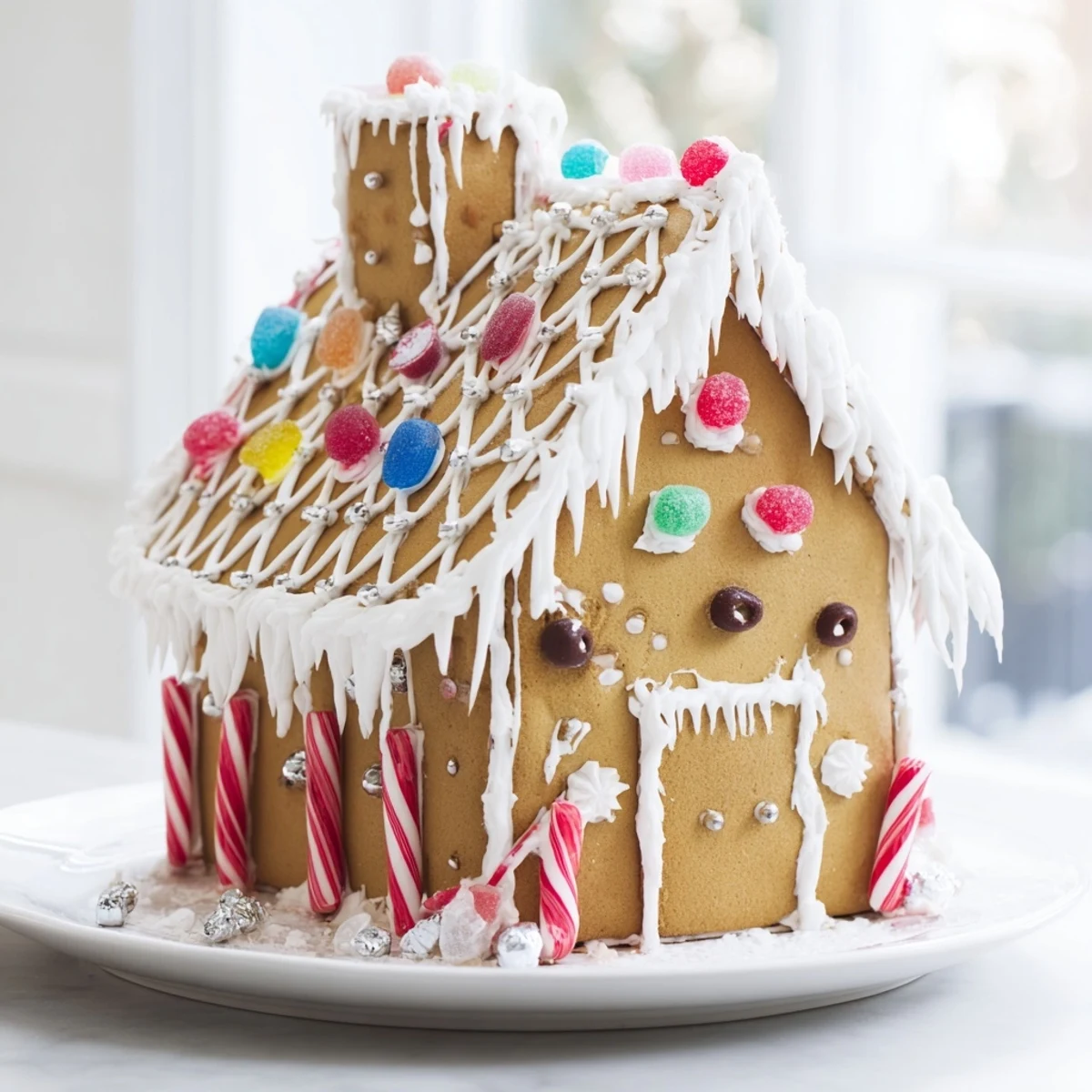 Festive gingerbread house decoration, showcasing colorful candies and royal icing on a holiday dessert.