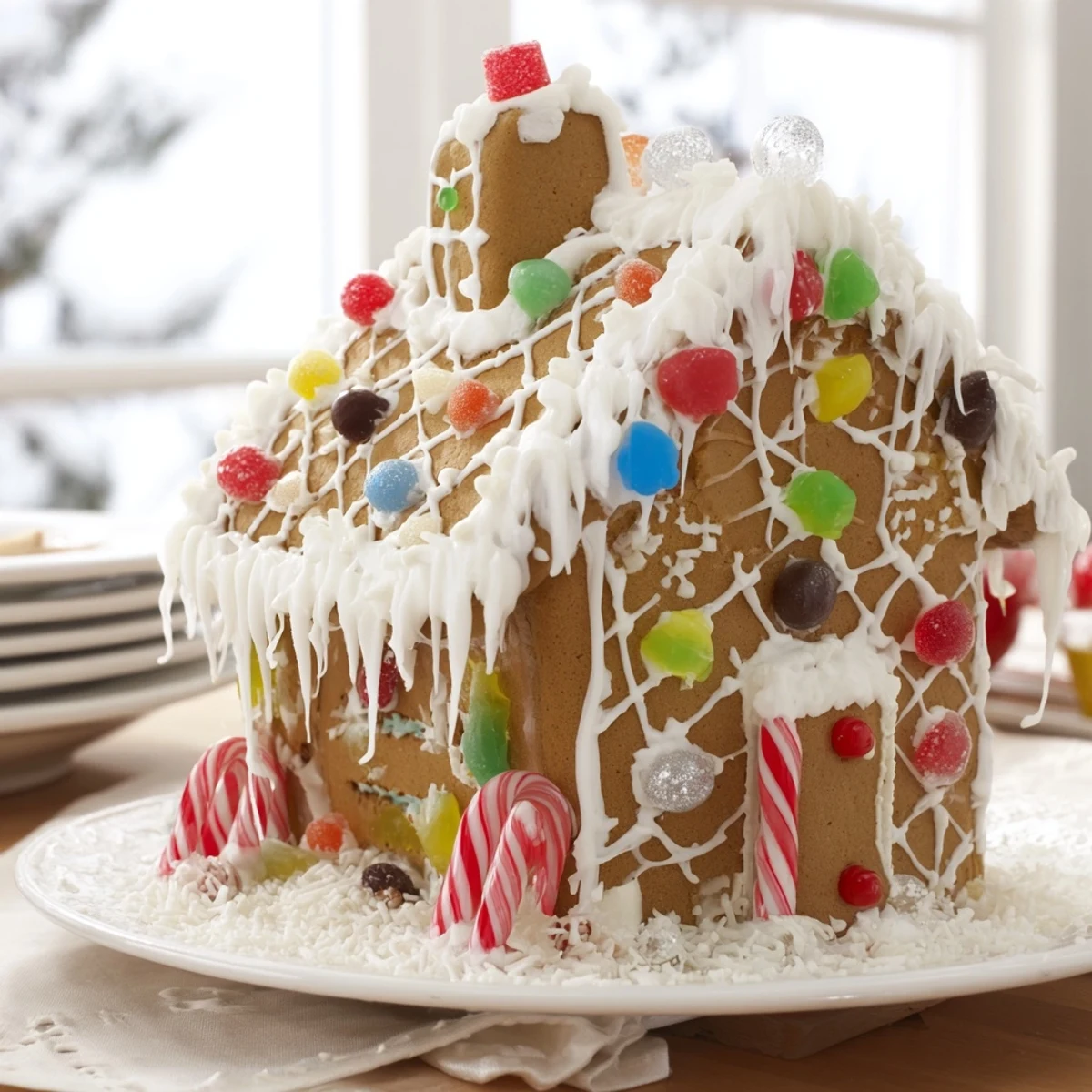 A decorated gingerbread house, displaying intricate icing details and inviting holiday flavors for all to enjoy.