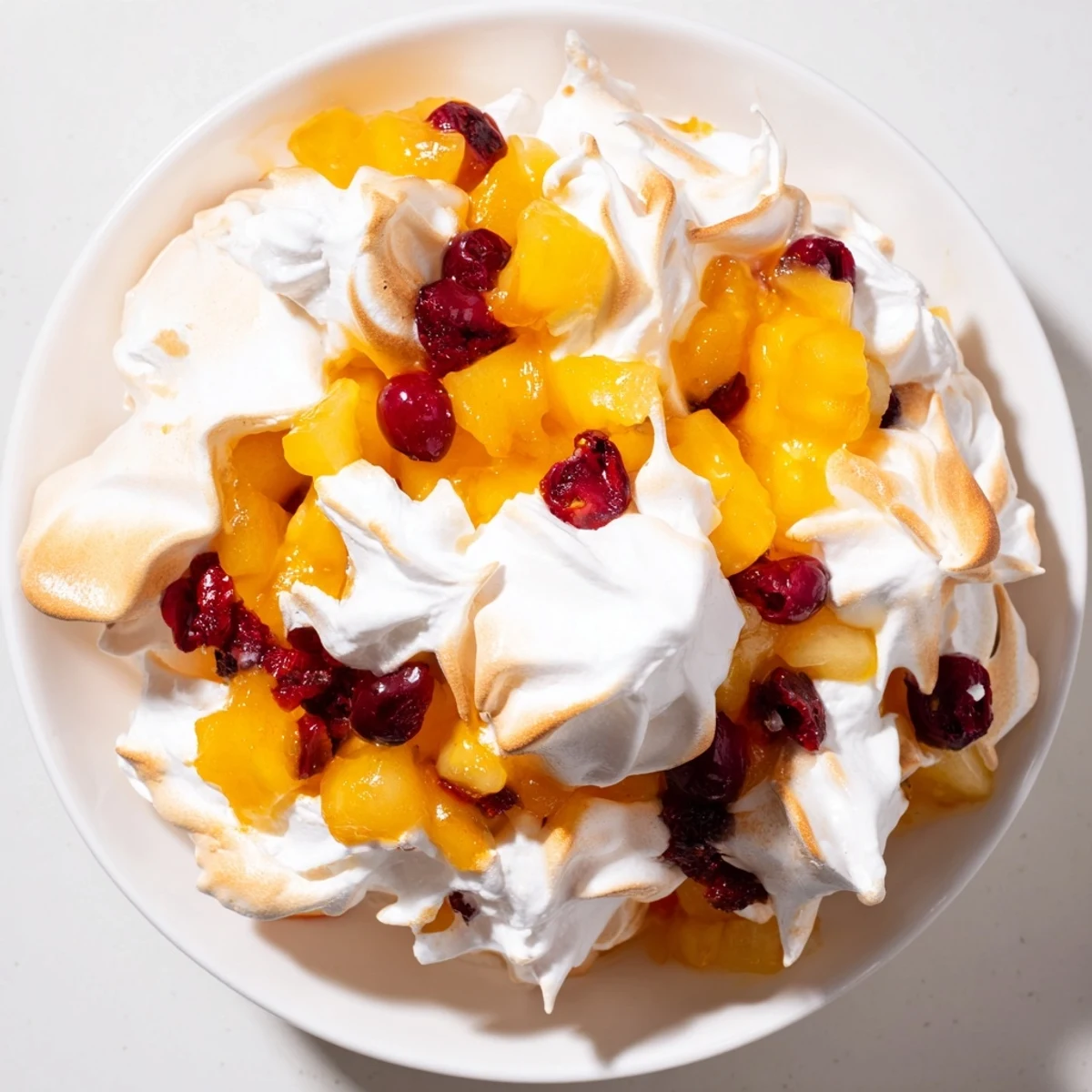 Freshly baked Cranberry and Pear Snowscape showing juicy pears nestled under sweet, snow-like meringue.