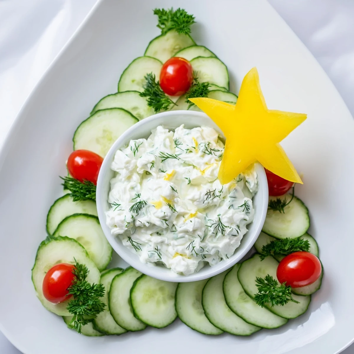 Fresh Cucumber and Tomato Tree Dip Platter: Imagine crisp cucumber and juicy tomato with a delicious creamy dip, so inviting!