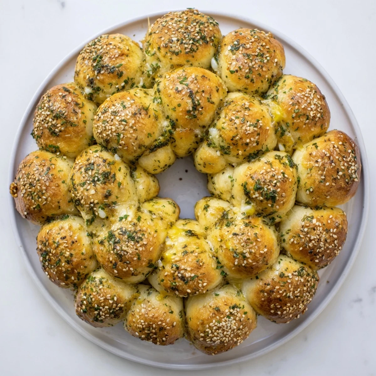 Golden, aromatic Festive Pull-Apart Bread Wreath, a savory holiday appetizer with melting cheese.