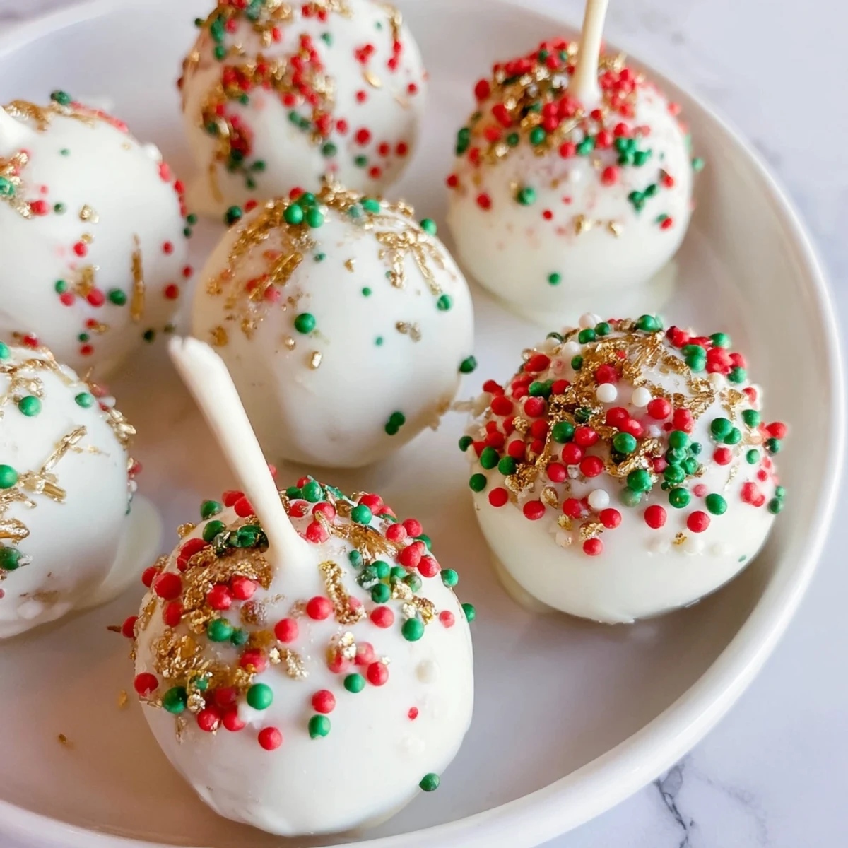 A close-up of festive Holiday Ornament Candy Balls, boasting drizzles of white chocolate and a pretzel hook.