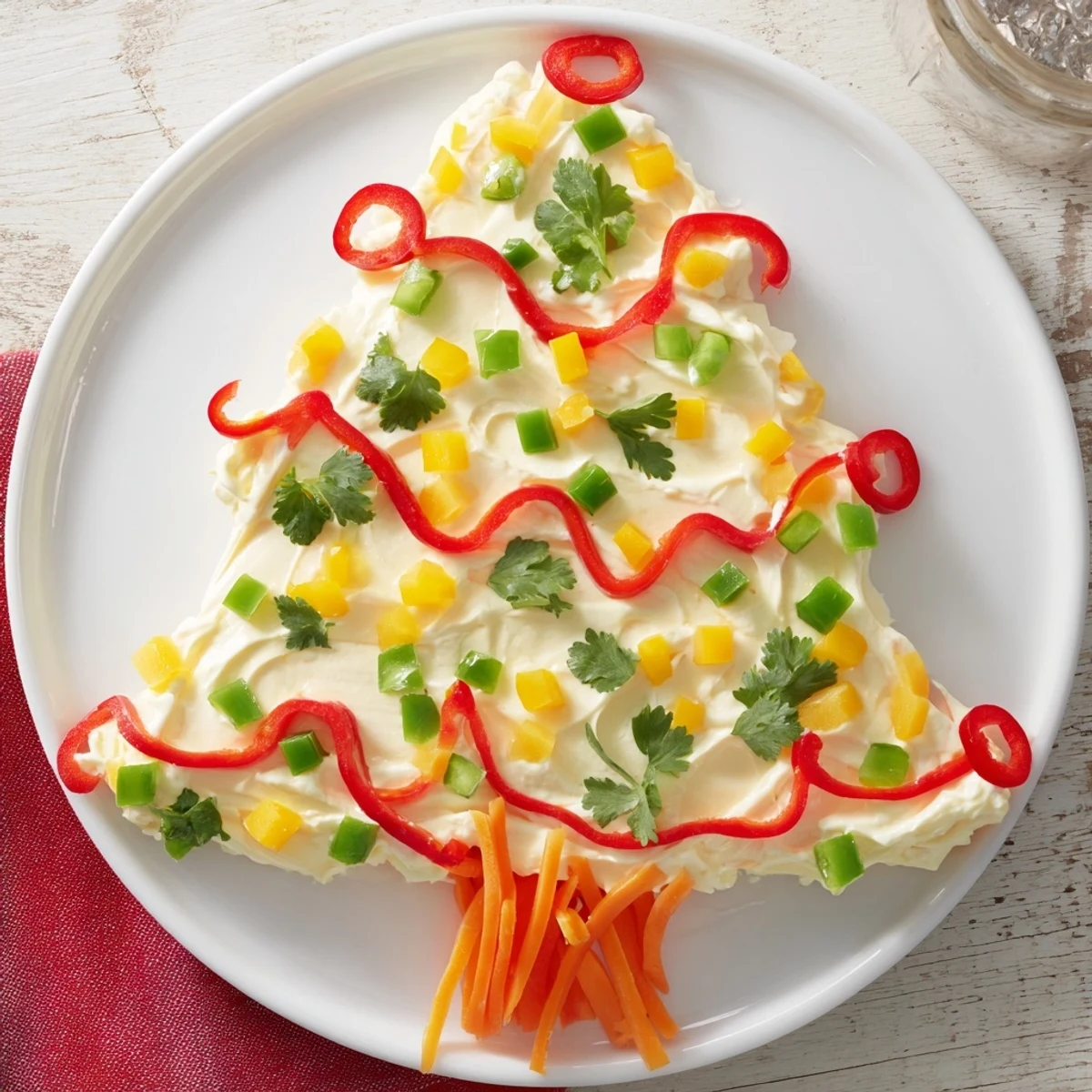 Festive Chili Pepper Christmas Tree Dip, a spicy appetizer, garnished with colorful peppers and chives.