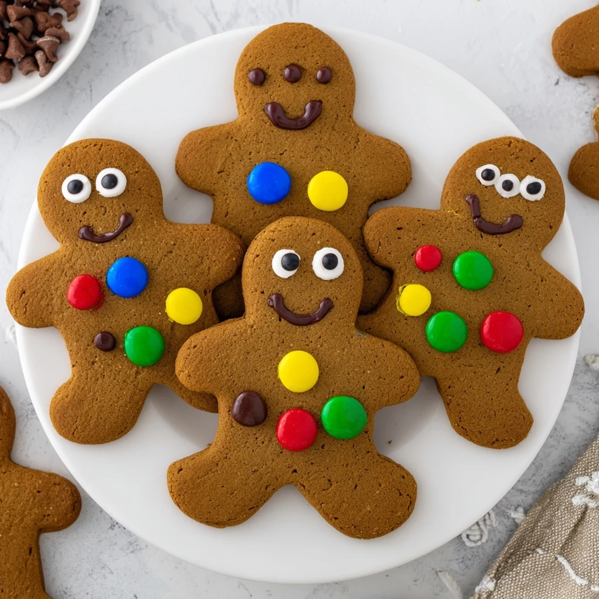 Gingerbread people piled high decorated with colorful royal frosting and candy toppings.