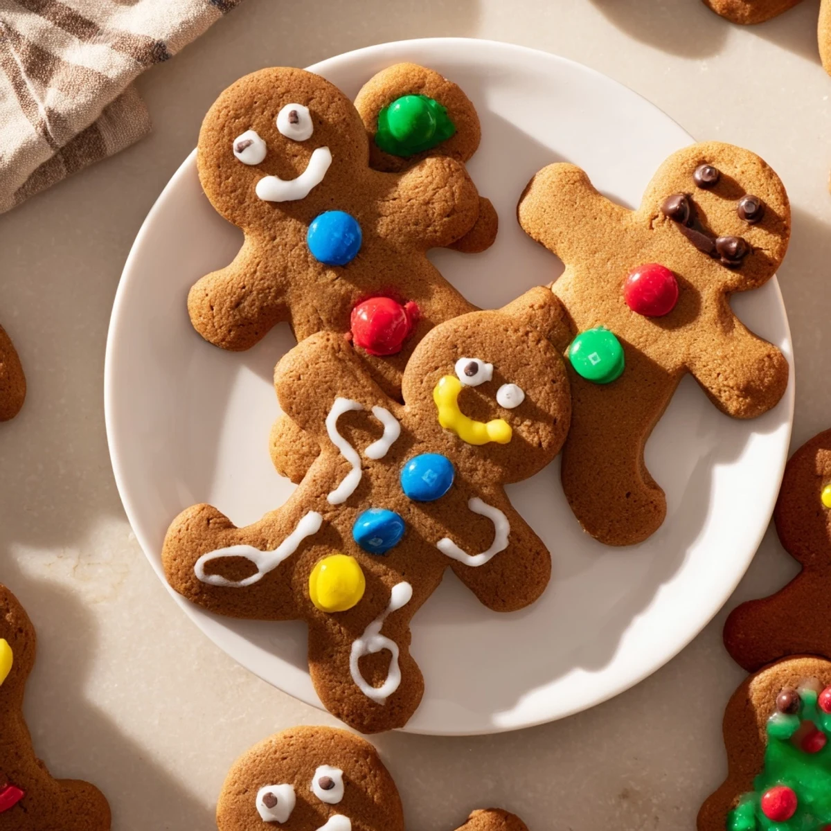 Close-up of a DIY gingerbread people kit: iced cookies and colorful candy decorations.
