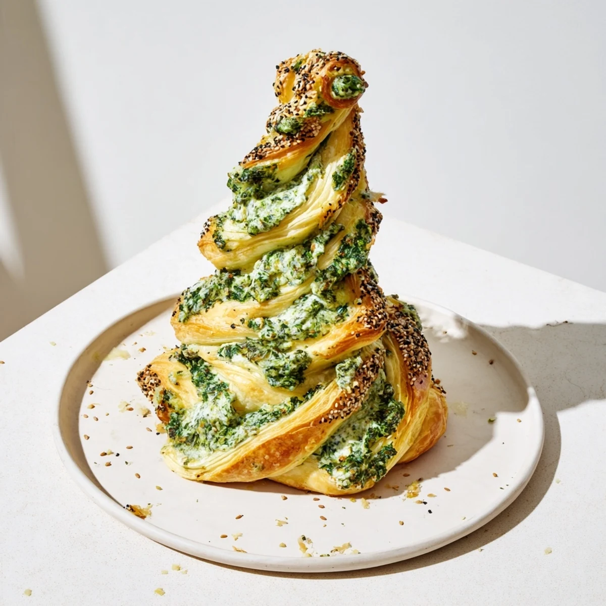 Flaky, savory puff pastry Christmas tree appetizer with sprinkled seeds, a perfect holiday appetizer.