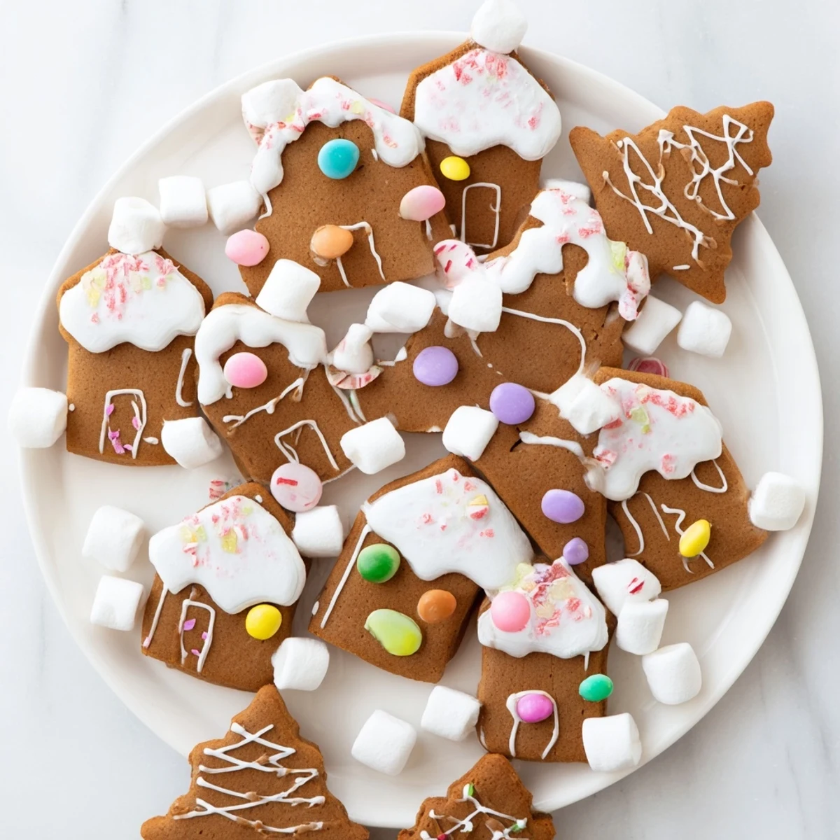 Festive gingerbread village dessert board featuring decorated cookies, sweet dips, and colorful candies.