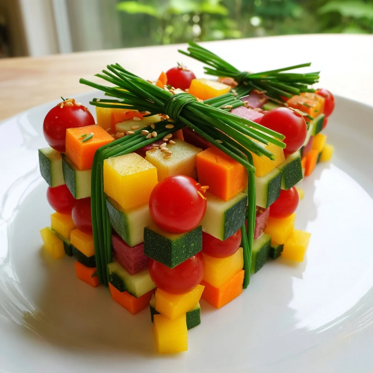 Colorful Stacked Gift Box Veggie Cubes, a delightful appetizer with vibrant bell pepper ribbons holding it all together.