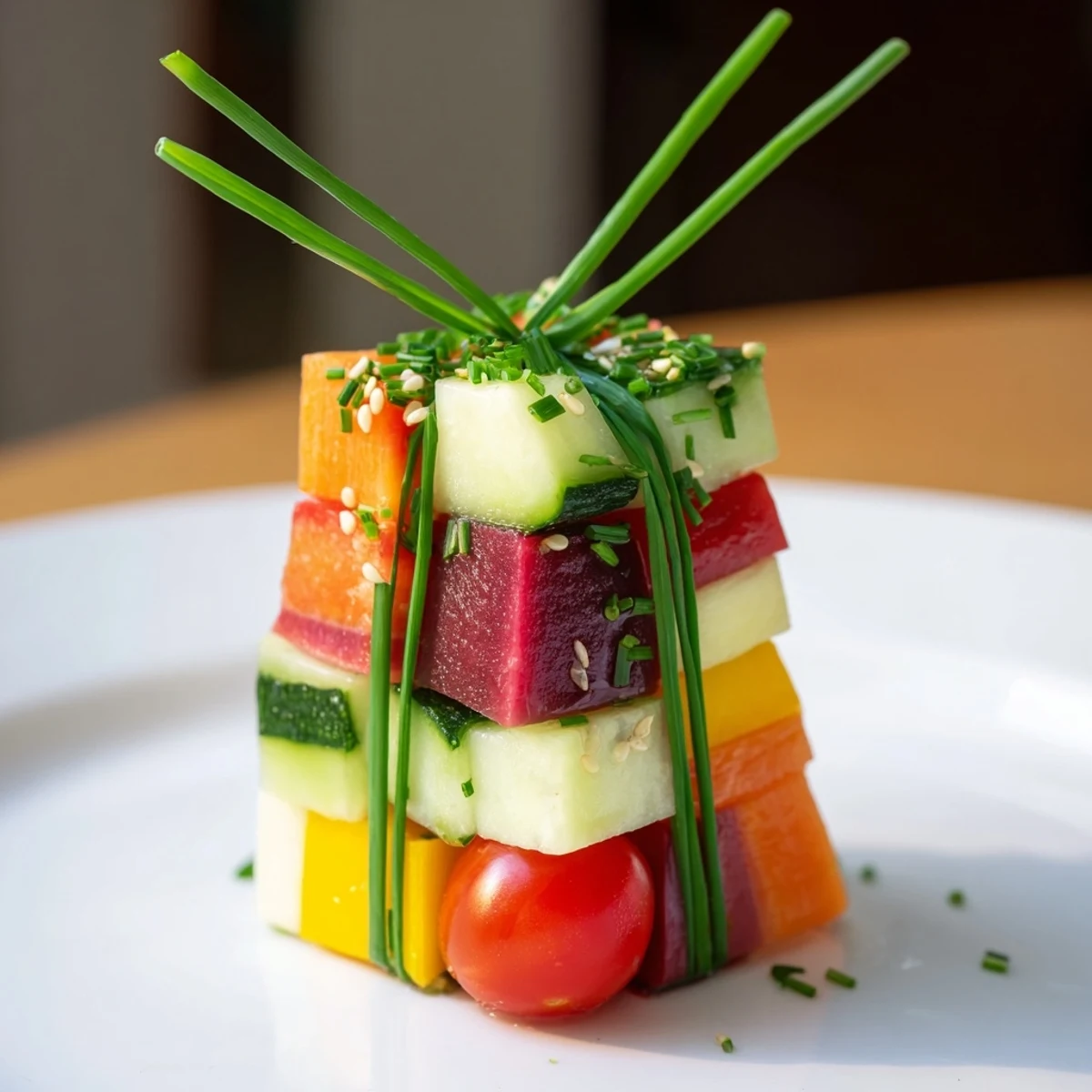 Freshly assembled Stacked Gift Box Veggie Cubes showcasing various colorful, crisp vegetable cubes for a healthy snack option.