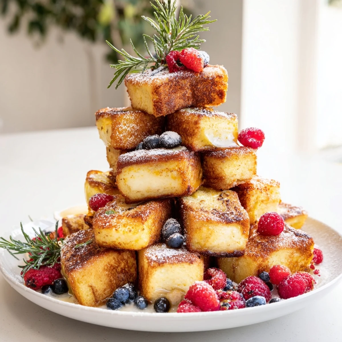 Golden brown Eggnog French Toast Bites forming a festive tree, ready for a delicious holiday breakfast.