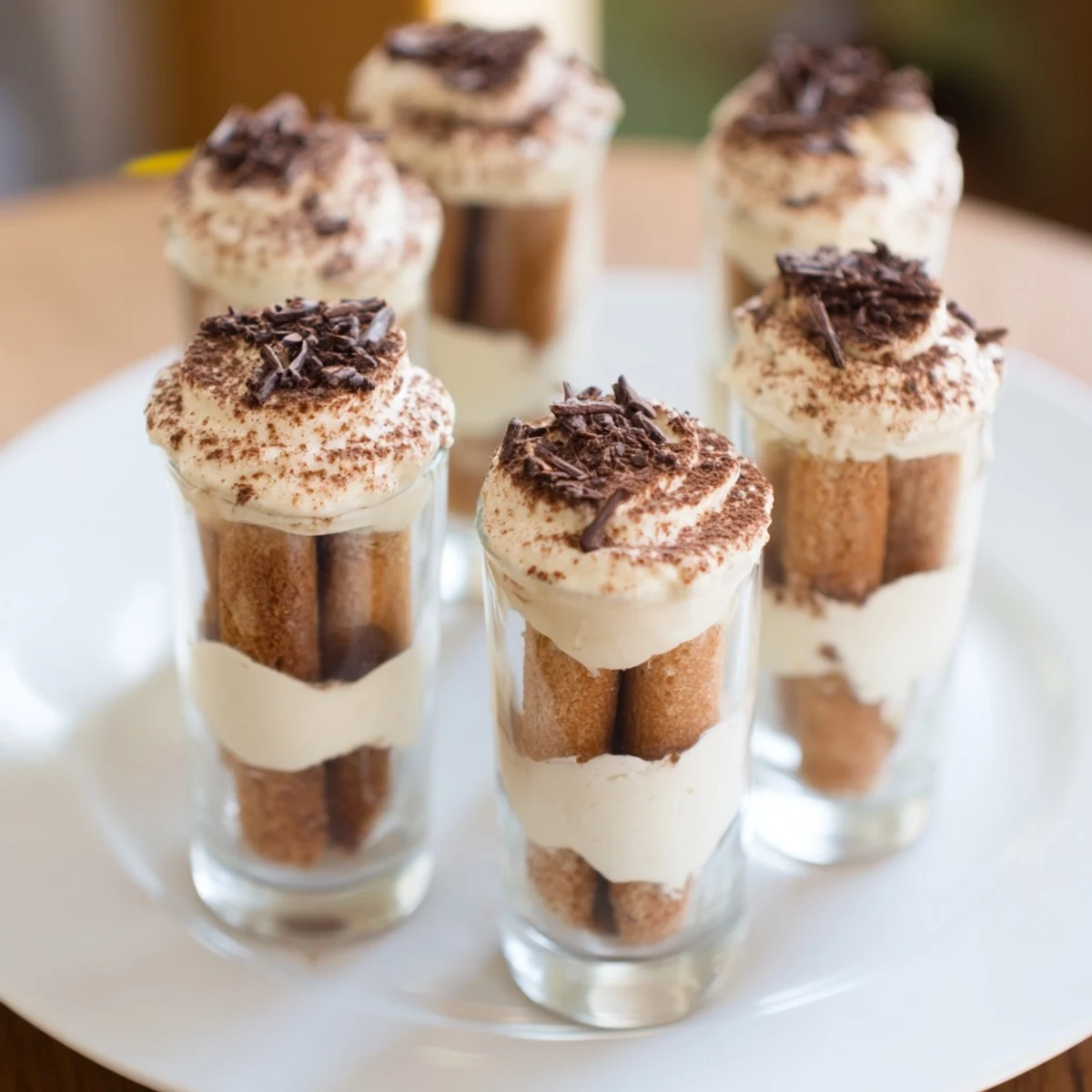 Countdown Tiramisu Shots in clear shot glasses, layered with creamy mascarpone and cocoa dusting.