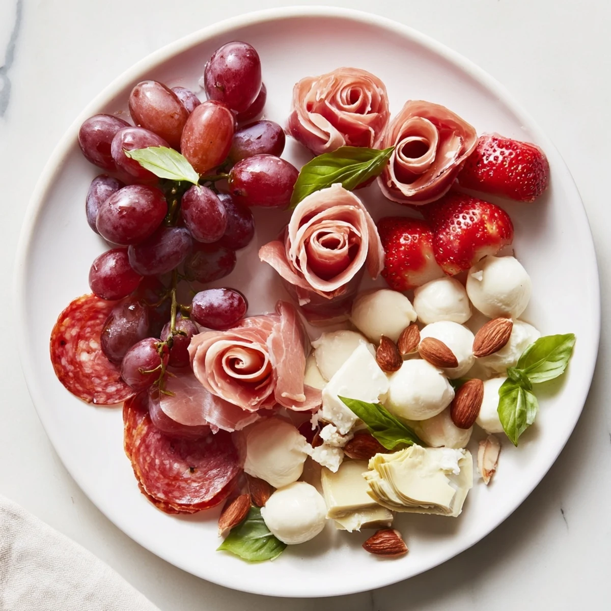 Prosciutto rose bouquet board: A feast for the eyes, this platter features elegant prosciutto roses atop assorted cheeses.
