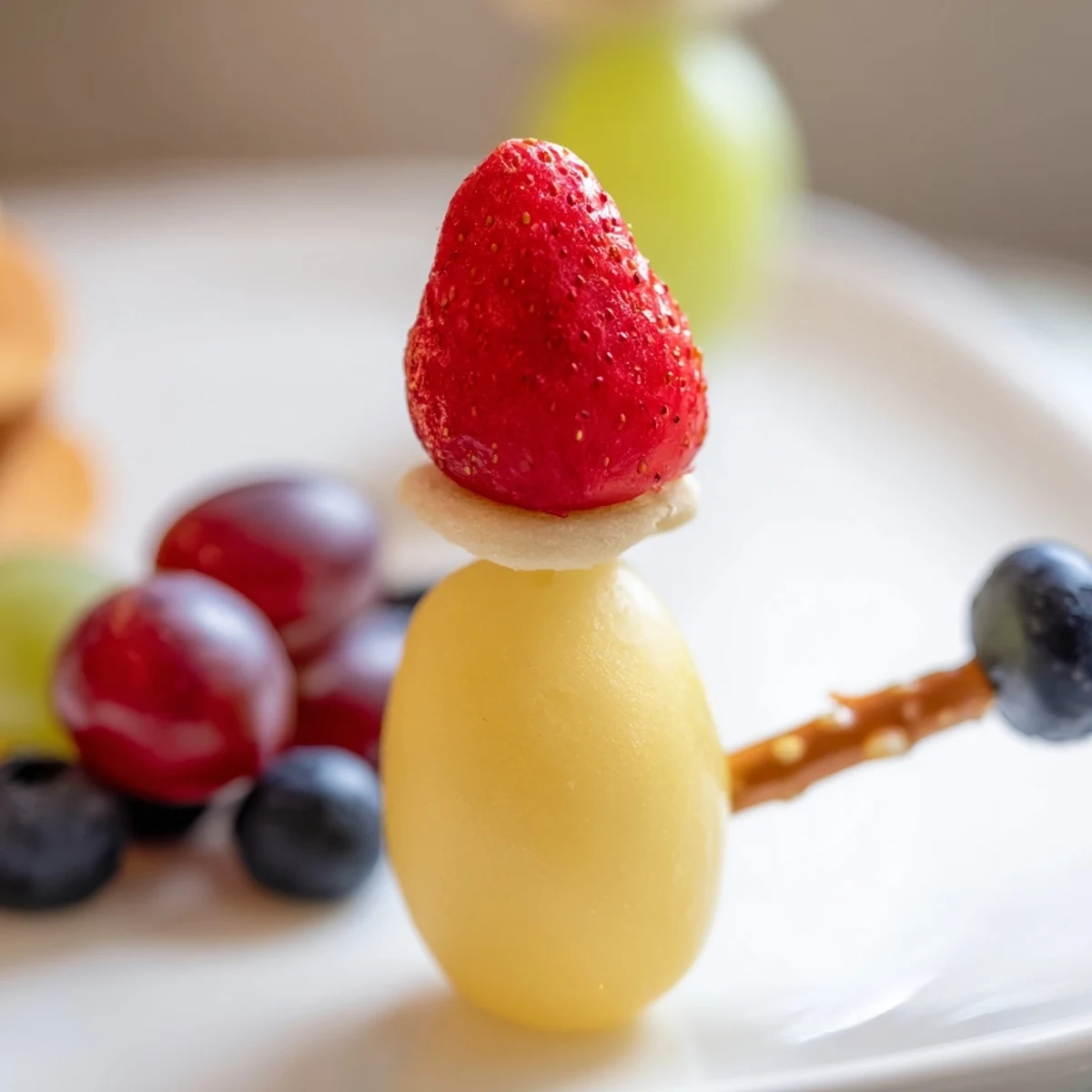 Christmas Light Fruit Skewers bursting with colorful grapes and strawberries, perfect party appetizer.