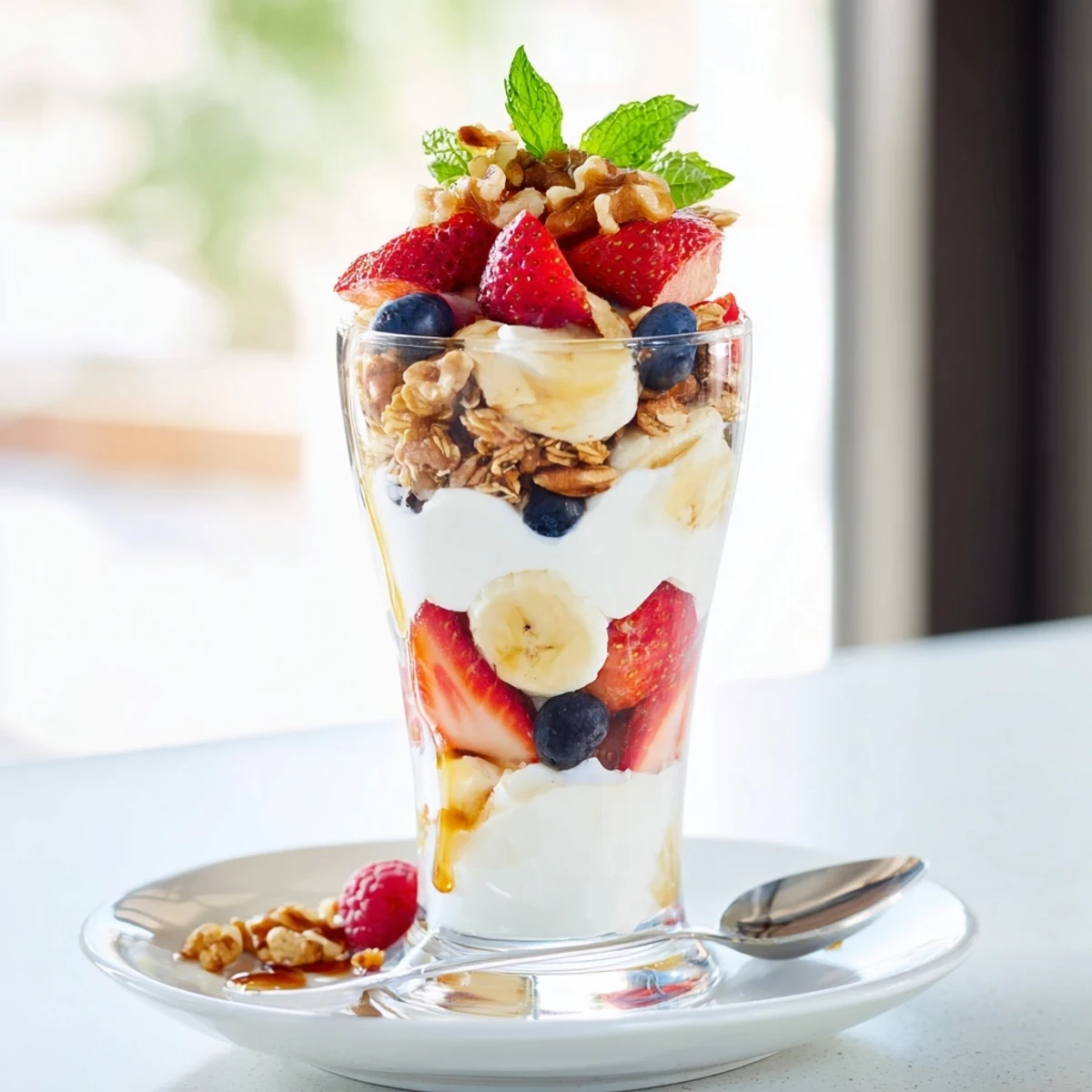 Creamy Greek yogurt, granola, and colorful fruit are layered in these Yogurt and Granola Parfait glasses.