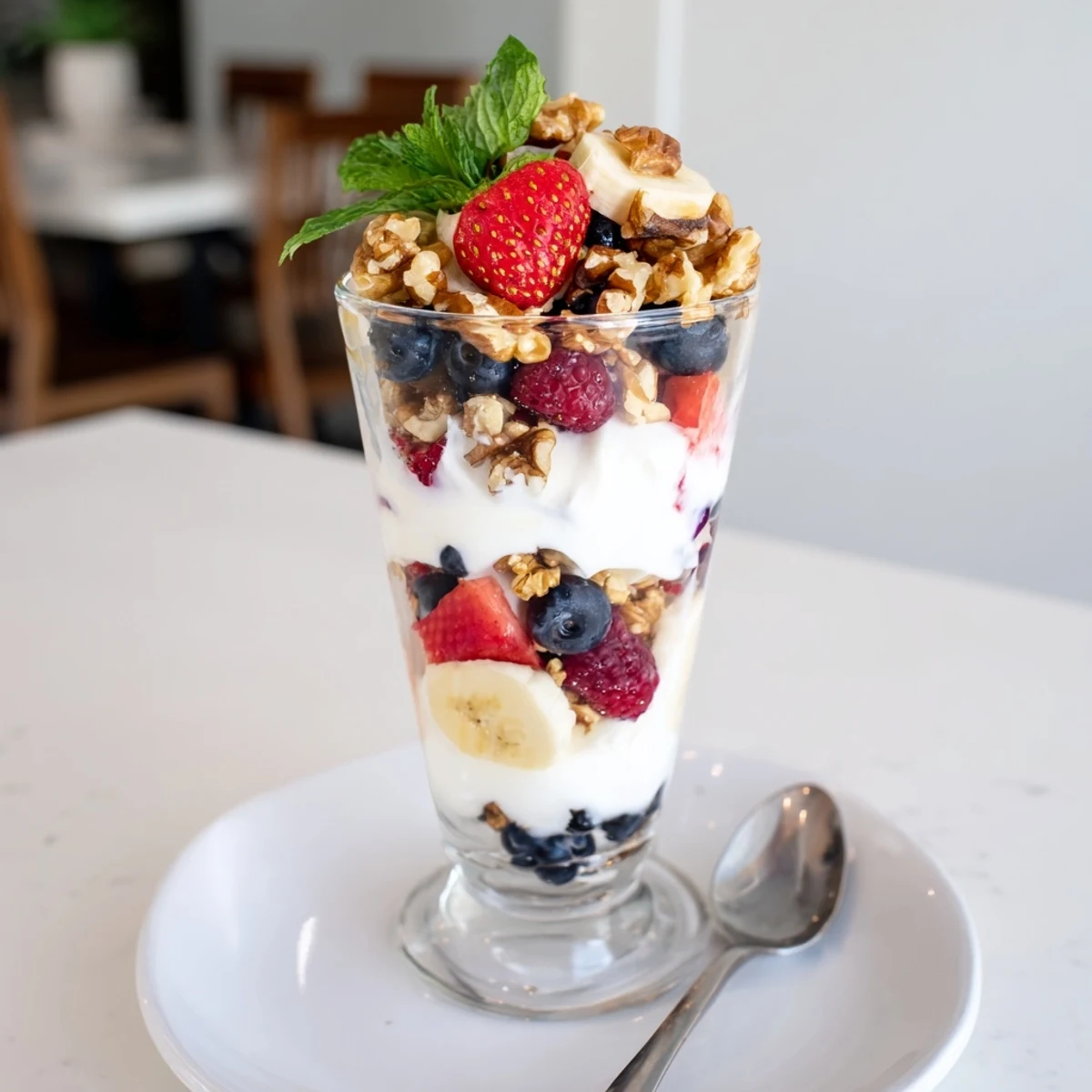 Golden granola and vibrant berries create beautiful Yogurt and Granola Parfait glasses, a delicious breakfast.