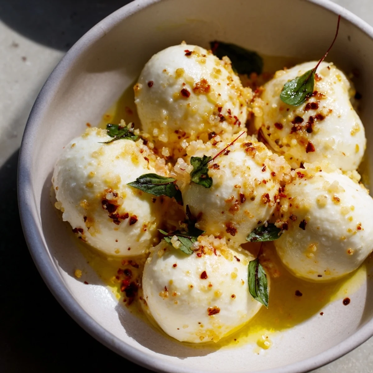 Creamy mozzarella pearls in a bowl, a simple Italian appetizer, ready to enjoy.