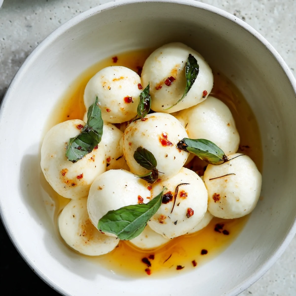 Fresh mozzarella pearls seasoned with olive oil and spices, a quick serving suggestion.